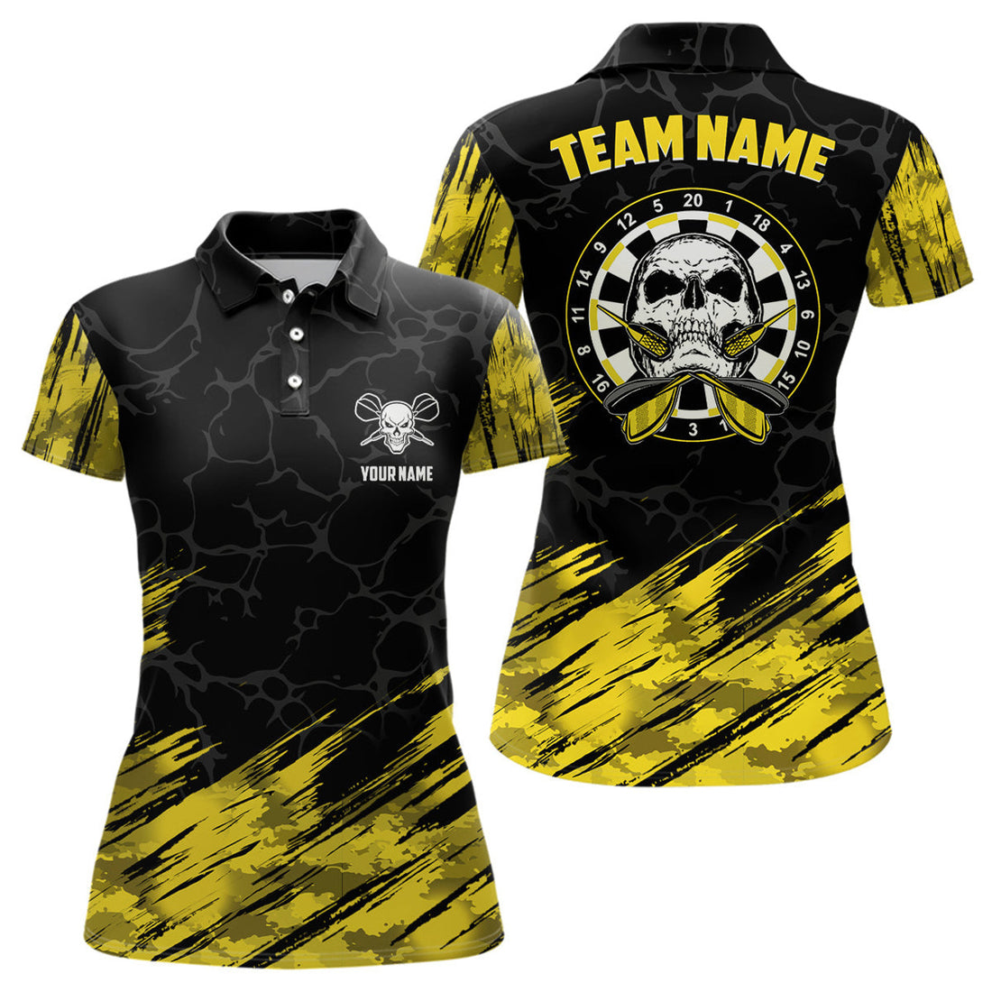 Custom Personalized All Over Print Skull Darts Women Polo Shirt Yellow Black Women Dart Jerseys