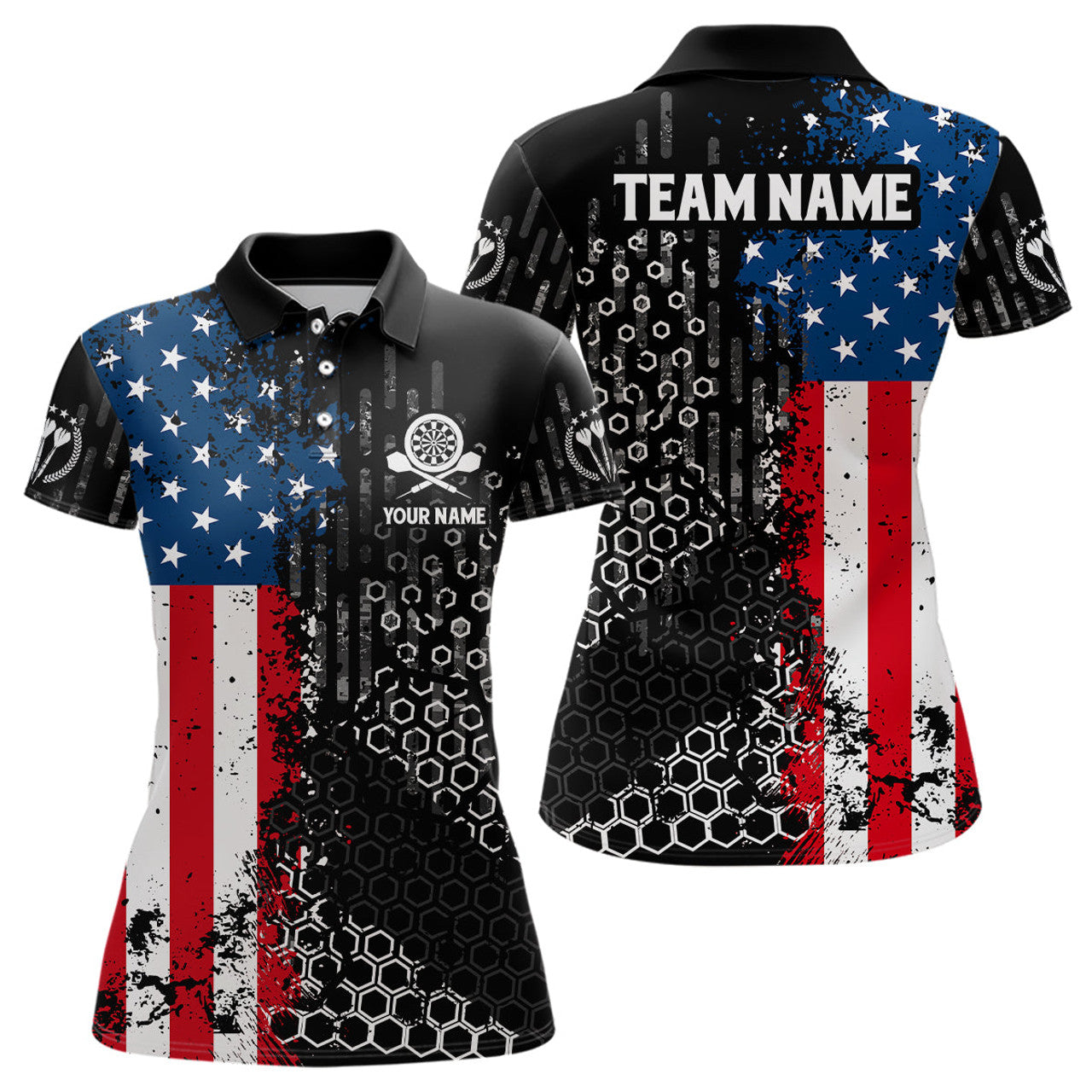 Custom American Flag Hive Pattern Womens Darts Polo Shirt Custom Patriotic Darts Jersey For Women