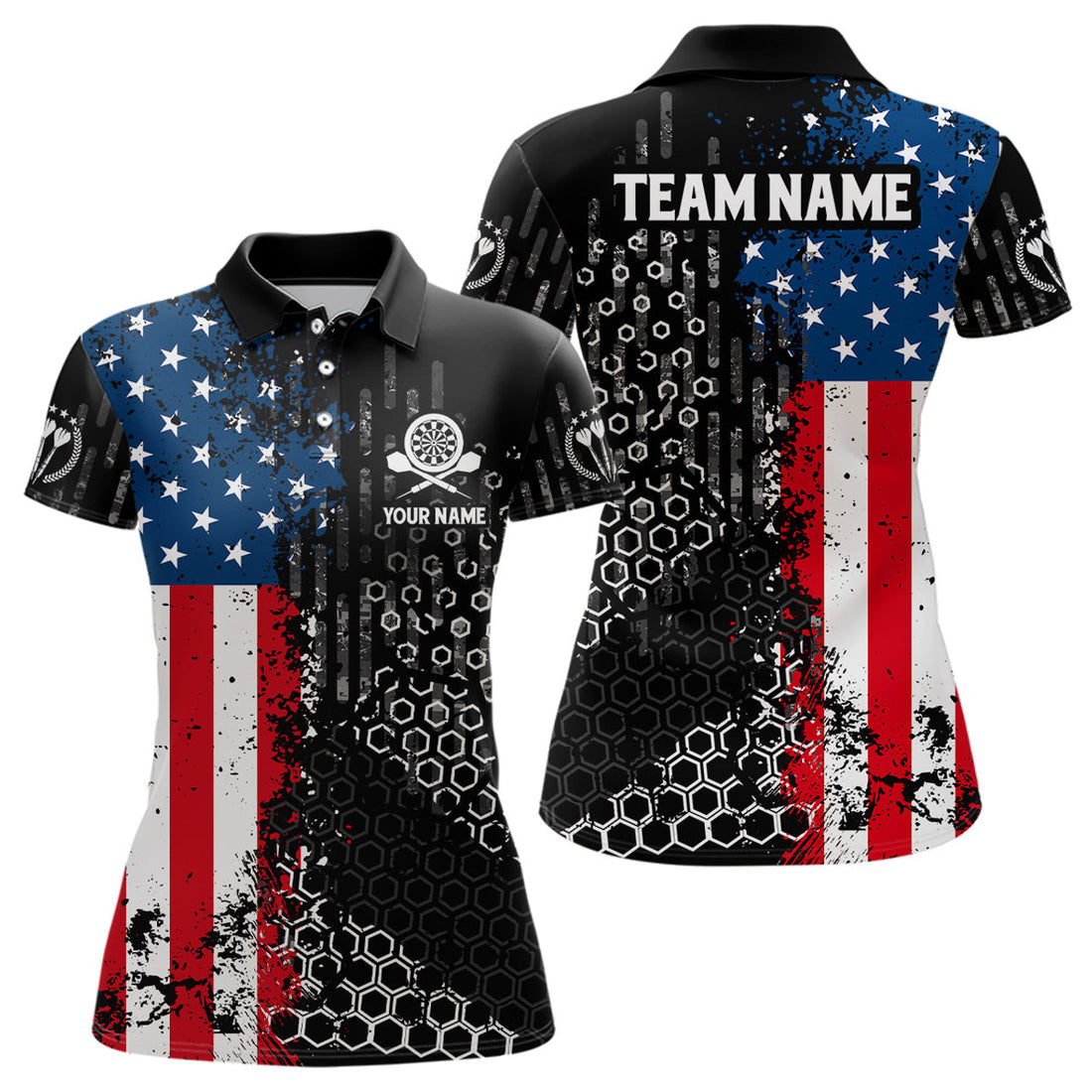 Custom American Flag Hive Pattern Womens Darts Polo Shirt Custom Patriotic Darts Jersey For Women