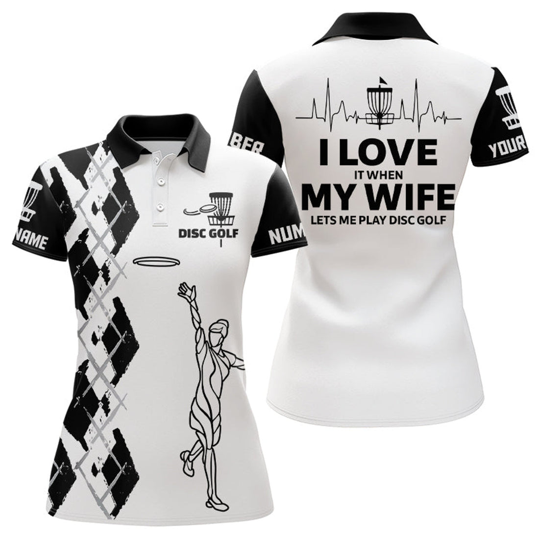 Custom Black And White Argyle Womens Disc Golf Polo Shirts, Custom Golf Shirts For Women, Disc Golf Gifts