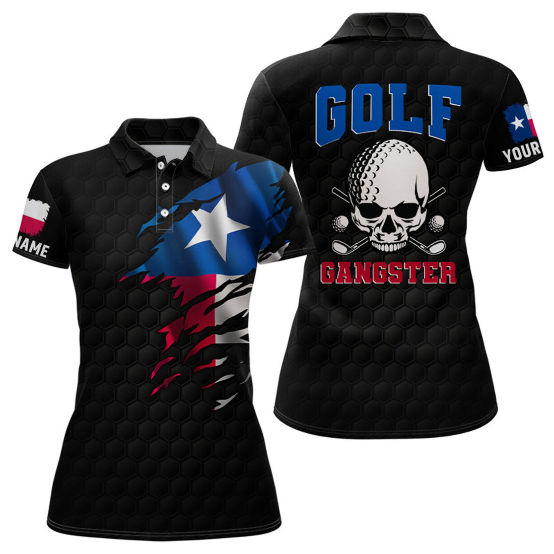Custom Texas Flag Womens Golf Polo Shirt, Skull Gangster Golf Shirts For Women, Custom Patriotic Golf Gifts