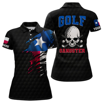 Custom Texas Flag Womens Golf Polo Shirt, Skull Gangster Golf Shirts For Women, Custom Patriotic Golf Gifts
