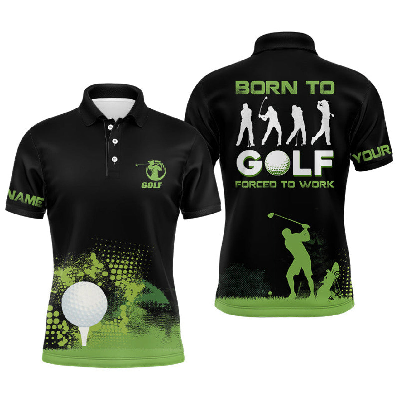 FUNSTUFFPRINT Grunge Graphic Mens Golf Polo Shirt, Green Wet Paint Black Golf Shirts For Men Polo Shirt Size S-5XL