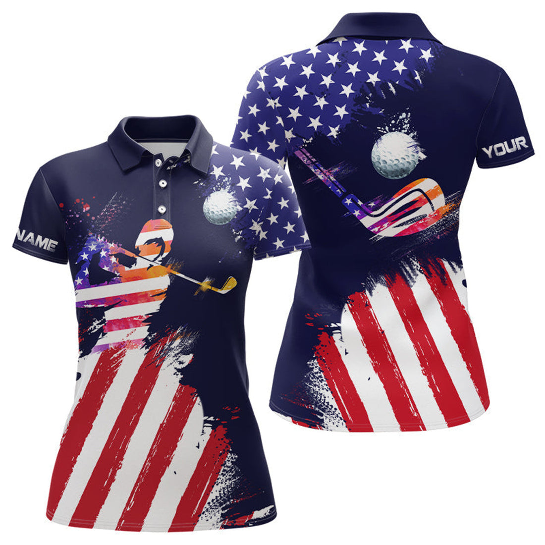 Custom Watercolor American Flag Womens Golf Polo Shirts, Personalized Patriotic Golf Shirts For Women
