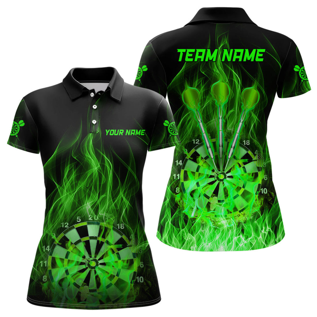 Custom Green Fire Flame Womens Darts Polo Shirt Custom Dart Shirts For Women Dart Jerseys
