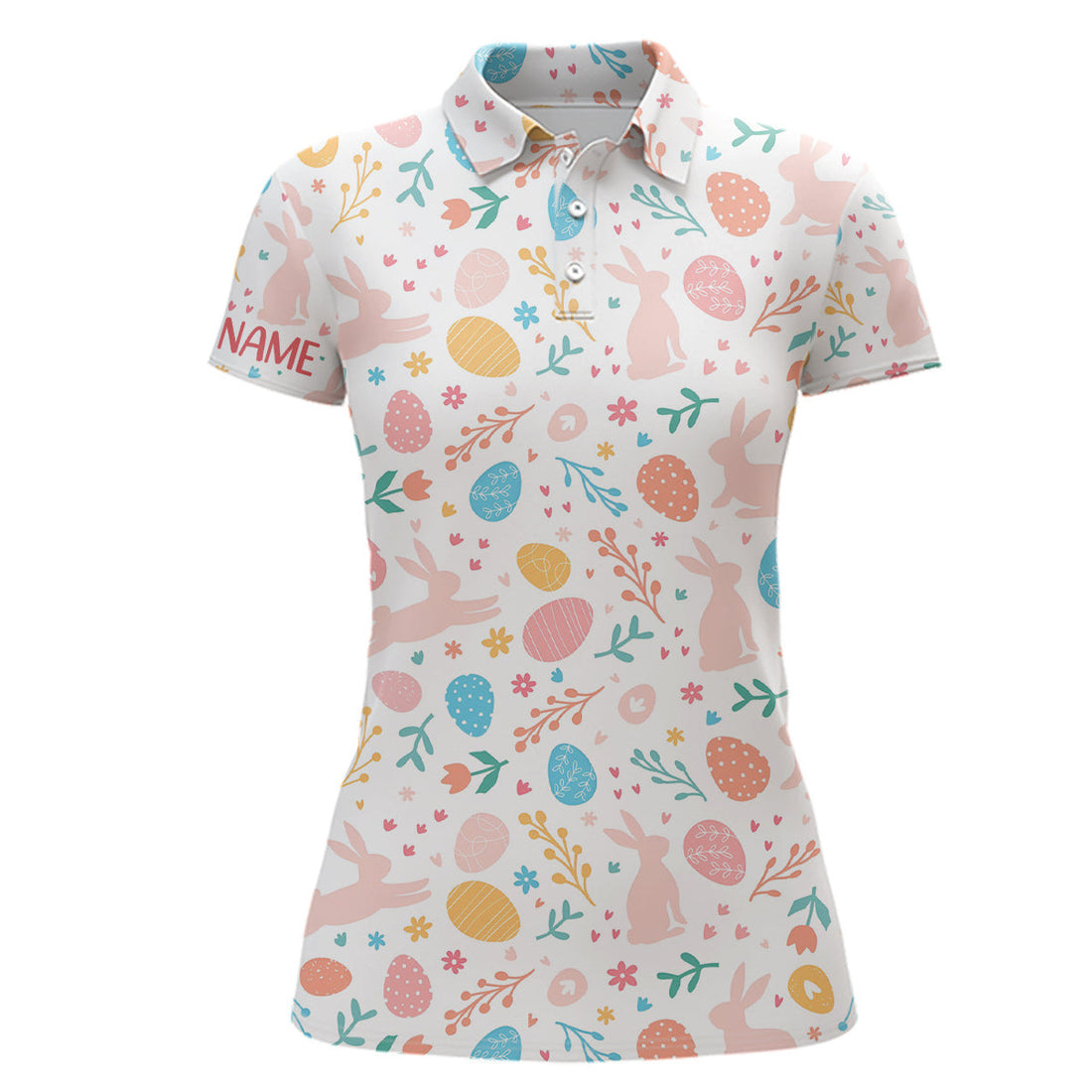 Custom Colorful Easter Eggs & Bunnies Womens Golf Polo Shirt Custom Easter Funny Golf Tops For Women