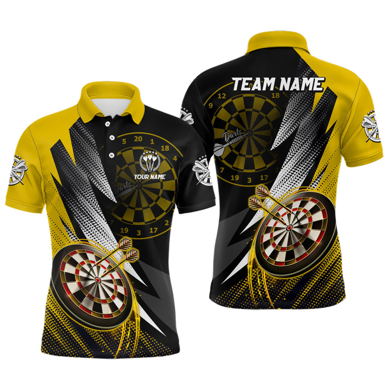 Personalized Yellow Black Mens Darts Polo Shirt Custom Darts Shirt For Men Team Jerseys