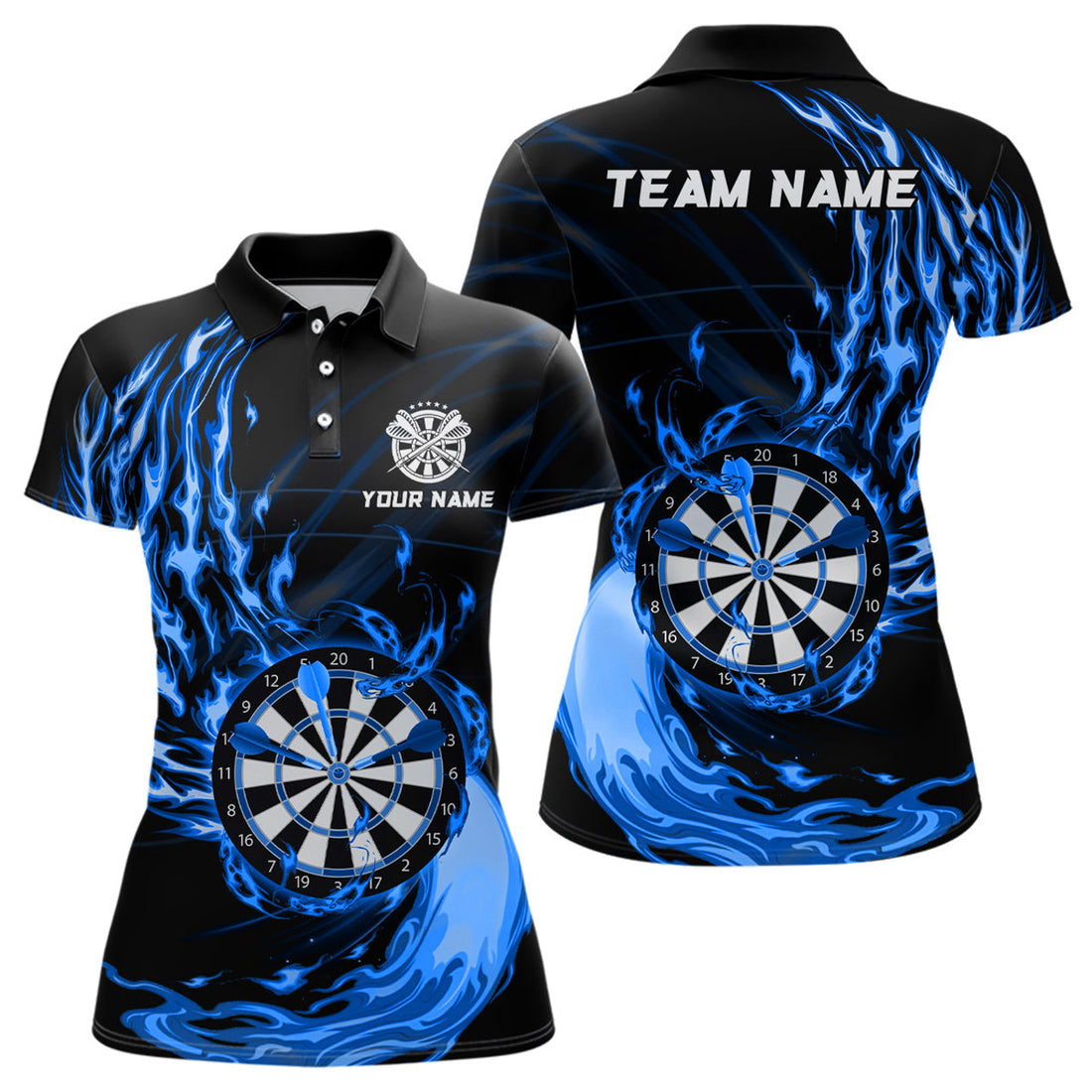 Custom Blue Fire Dartboard Womens Darts Polo Shirt Custom Darts Shirt For Women Dart Jerseys