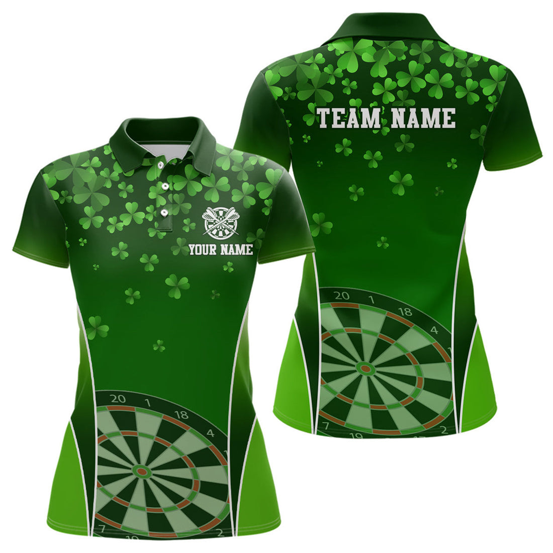 Custom 3D Green Clovers Patrick Day Womens Darts Polo Shirt Personalized Dart Jersey For Women
