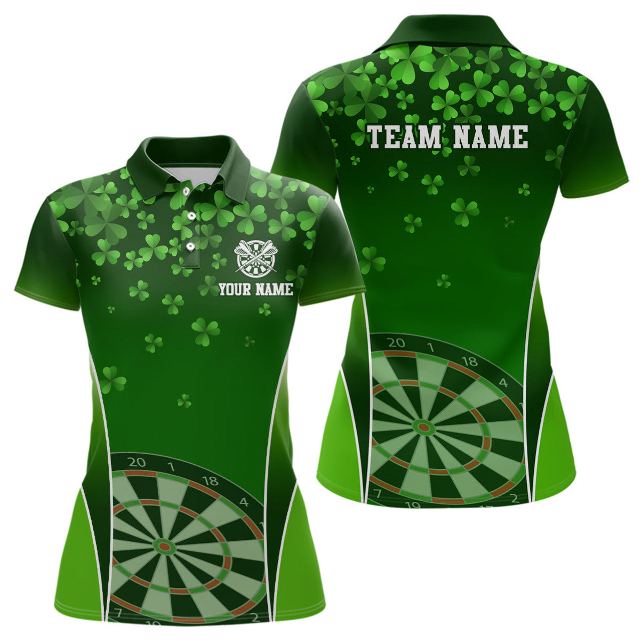 Custom 3D Green Clovers Patrick Day Womens Darts Polo Shirt Personalized Dart Jersey For Women