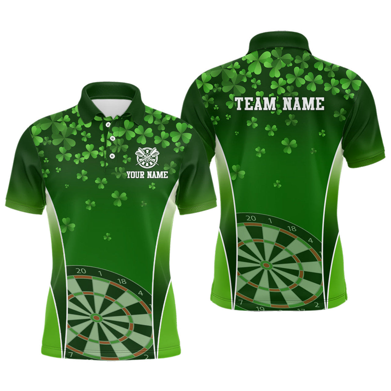 Custom 3D Green Clovers St Patrick Day Mens Darts Polo Shirt Personalized Dart Jersey For Men