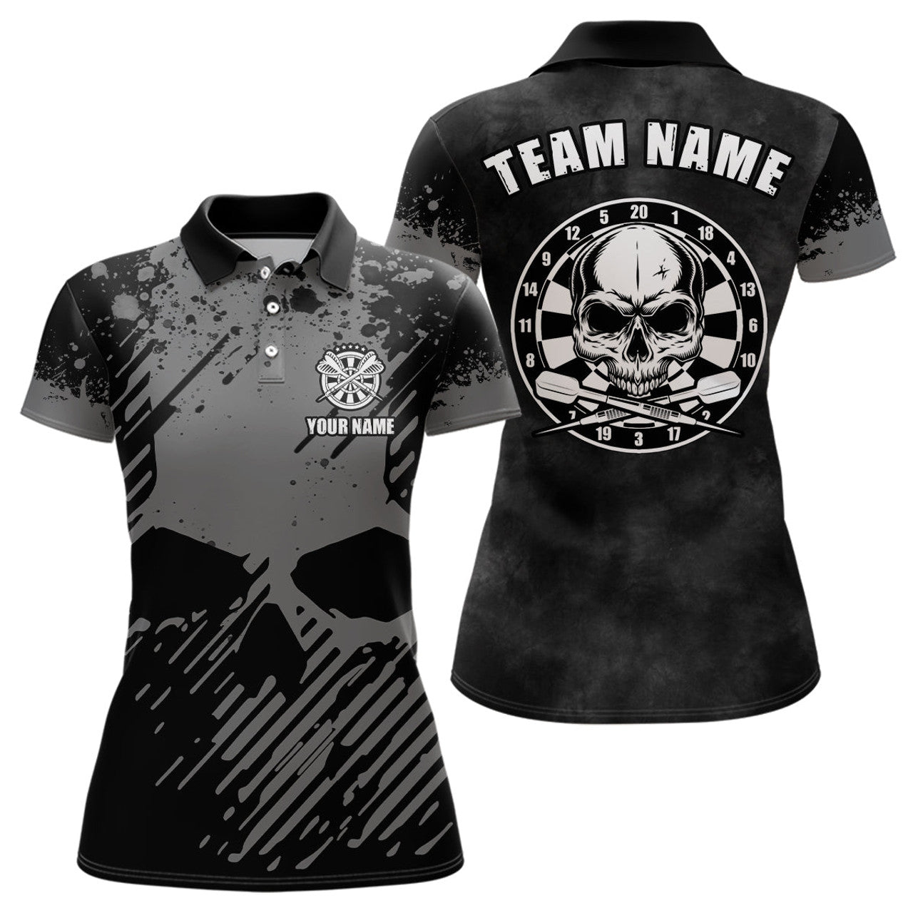 Custom Personalized Black Grey Grunge Darts Polo Shirt Skull Darts Shirt For Women Dart Jersey