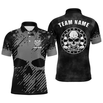 FUNSTUFFPRINT Personalized Black Grey Grunge Men Darts Polo Shirt Skull Darts Polo Shirt Size S-5XL