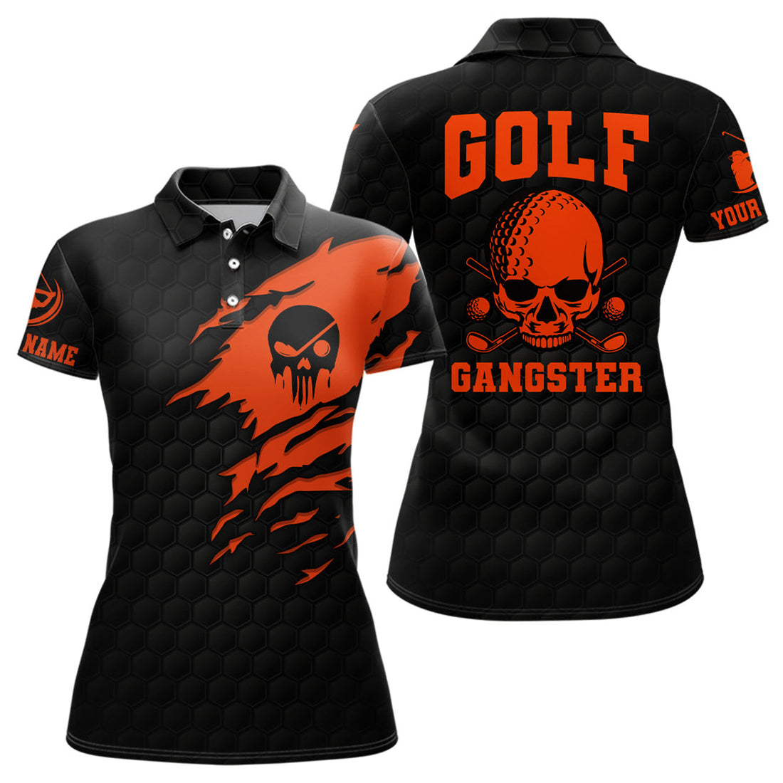 Custom Golf Gangster Skull Polo Shirt Custom Black Orange Golf Pattern Scary Golf Shirts For Women
