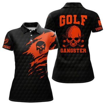 Custom Golf Gangster Skull Polo Shirt Custom Black Orange Golf Pattern Scary Golf Shirts For Women