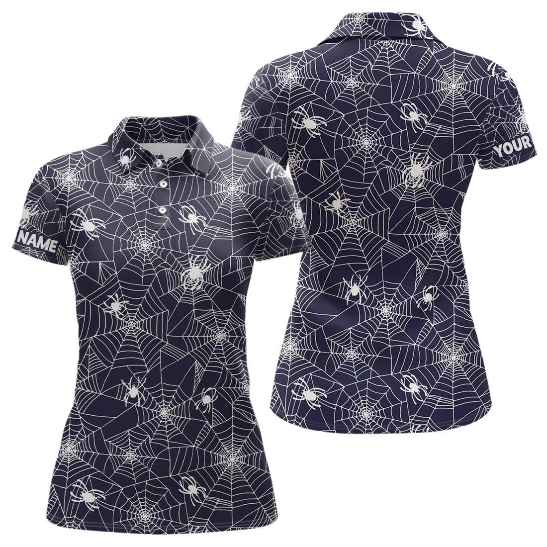 Custom Spooky White Spiders On Cobweb Navy Halloween Golf Polo Shirts Custom Golf Gifts For Women