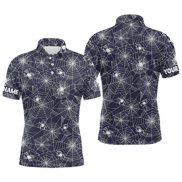 FUNSTUFFPRINT Spooky White Spiders On Cobweb Navy Halloween Golf Polo Shirt Size S-5XL