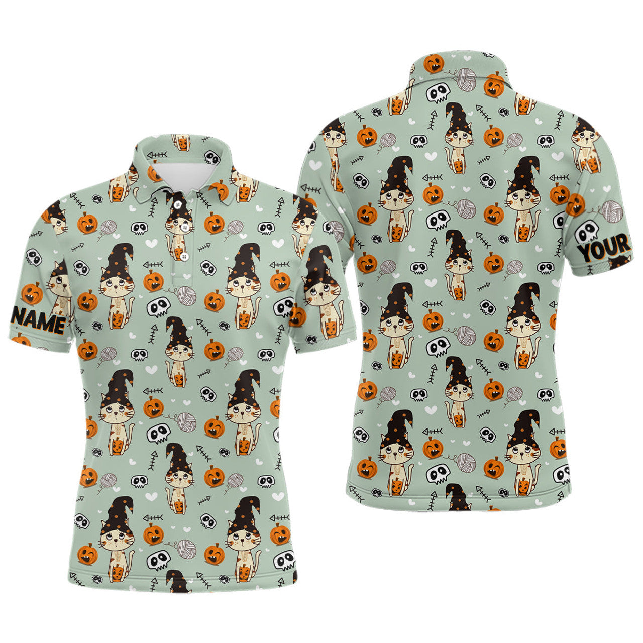 FUNSTUFFPRINT Cat Seamless Halloween Pattern Green Mens Golf Polo Shirts Cute Halloween Golf Gifts For Men Polo Shirt Size S-5XL
