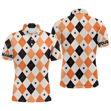 FUNSTUFFPRINT Halloween Argyle Plaid With Spider Mens Golf Polo Shirts Orange Black Polo Shirt Size S-5XL