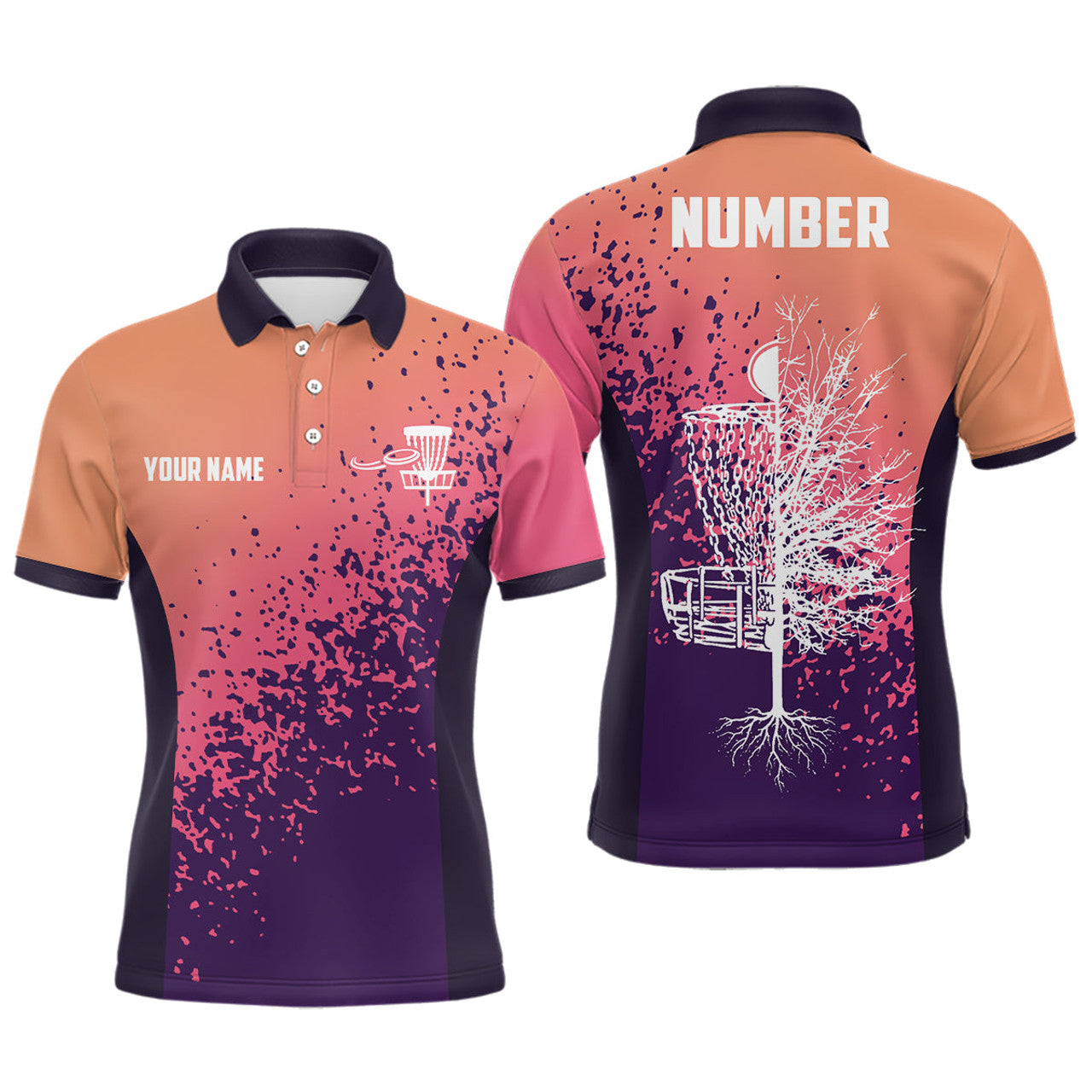 FUNSTUFFPRINT Personalized Disc Golf Gradient Sunset Paint Men Polo Shirt Custom Disc Golf Polo Shirt Size S-5XL