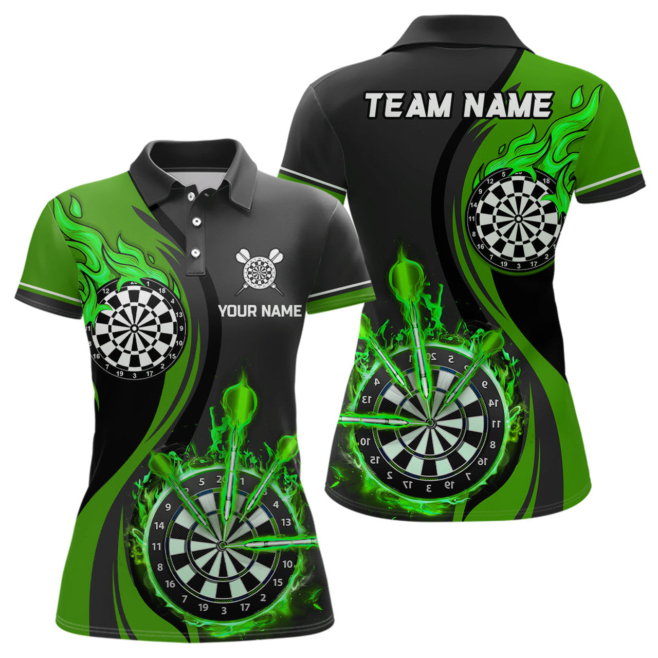 Custom Green Fire Flame Womens Darts Polo Shirt Custom Dart Shirts For Women Dart Jerseys