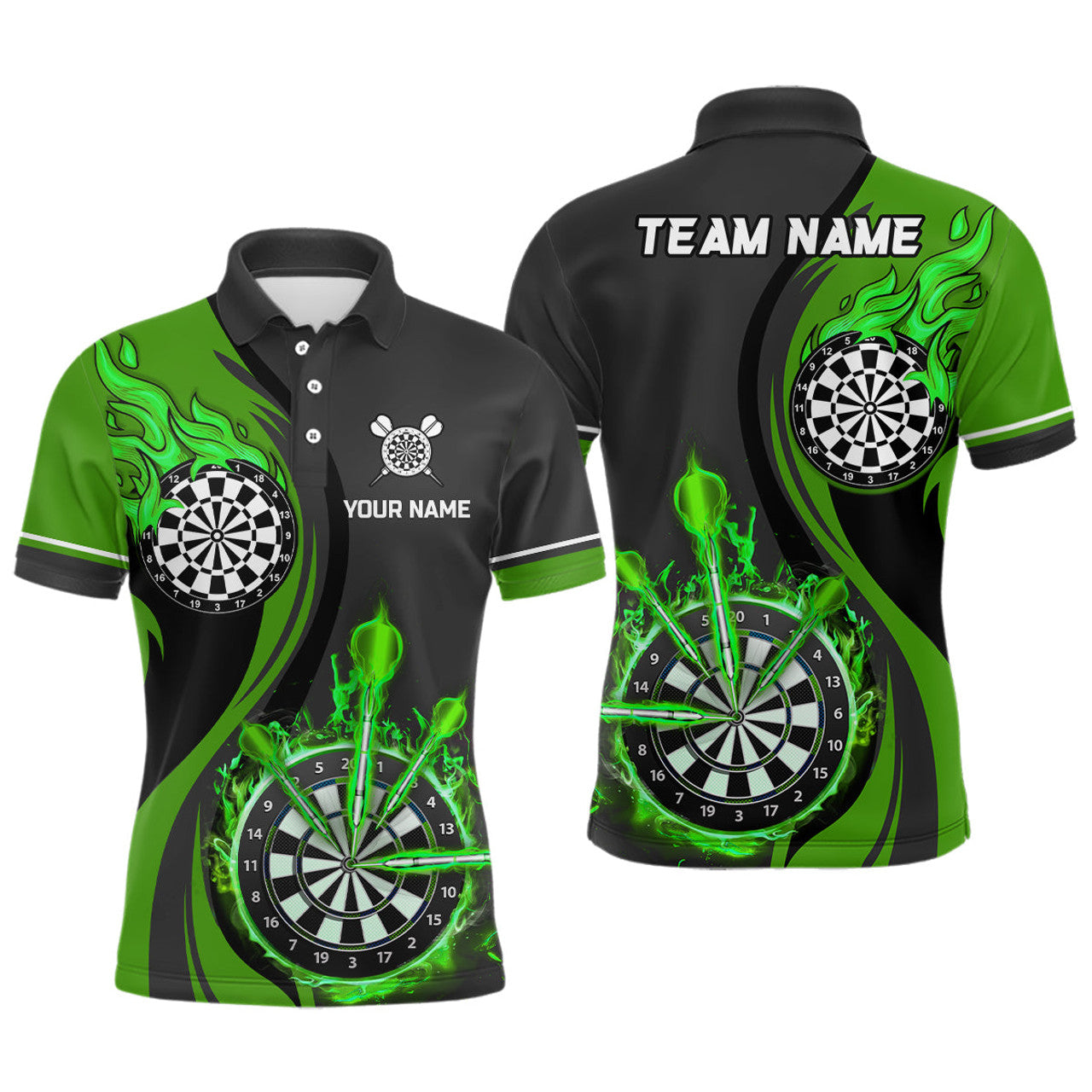 Custom Green Fire Dartboard Mens Darts Polo Shirt Custom Darts Shirt For Men Dart Jerseys