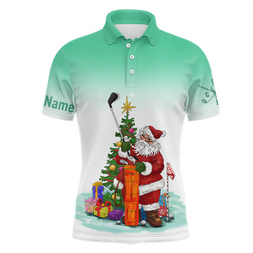 FUNSTUFFPRINT Personalized Mint Christmas Santa Golf Mens Polo Shirt Custom Funny Golf Shirts For Men Golf Polo Shirt Size S-5XL