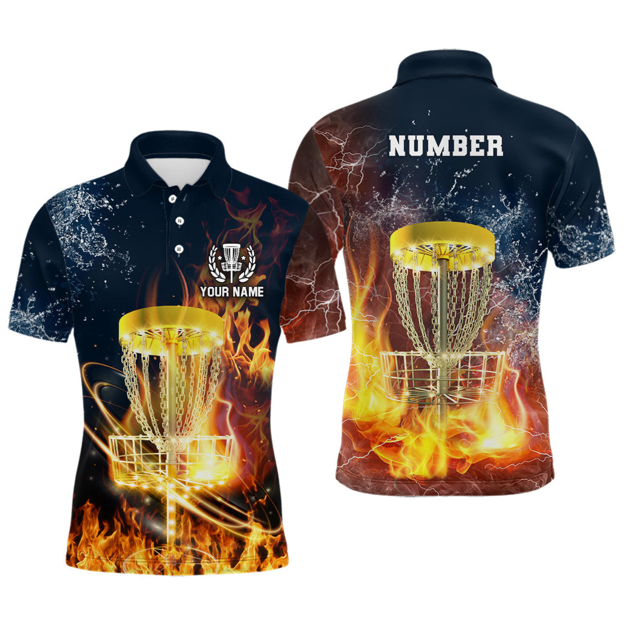 FUNSTUFFPRINT Fire And Water Mens Disc Golf Polo Shirts, Lightning Golf Shirts For Men, Disc Golf Gifts Polo Shirt Size S-5XL