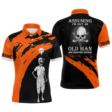 FUNSTUFFPRINT Orange And Black Mens Skull Golf Polo Shirts, Custom Golf Polos For Men, Halloween Golf Polo Shirt Size S-5XL