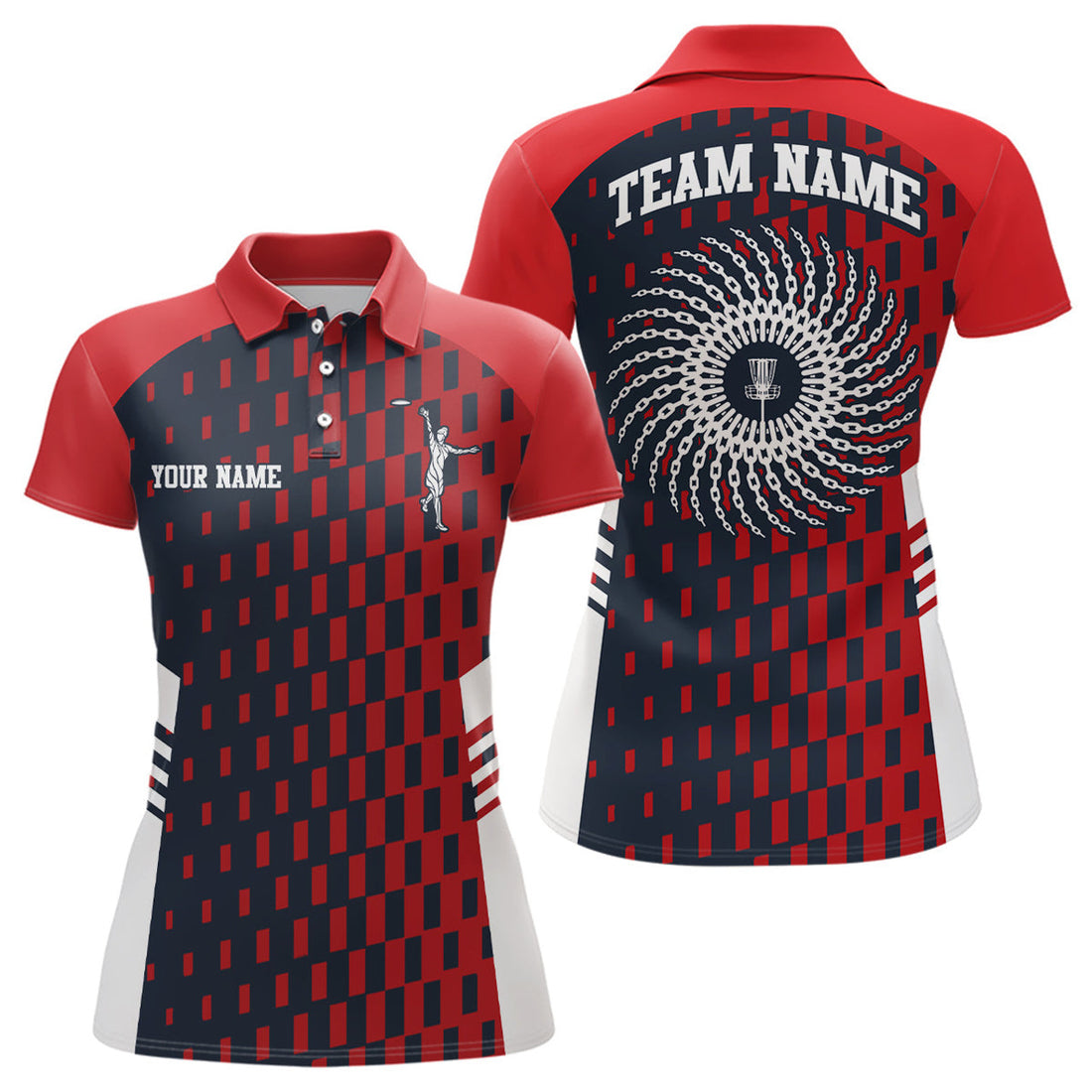 Custom Womens Disc Golf Polo Shirt Red Navy Checkered Custom Disc Golf Shirts For Women Golf Gifts