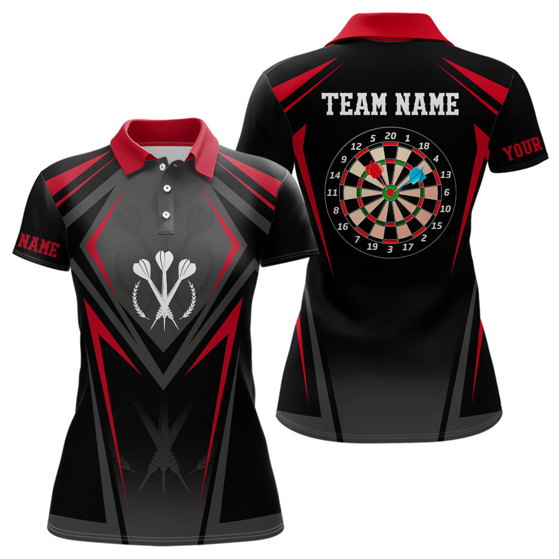 Custom Red Black Sporty Personalized Darts Polo Shirt Custom Women Darts Shirt Cool Dart Jerseys