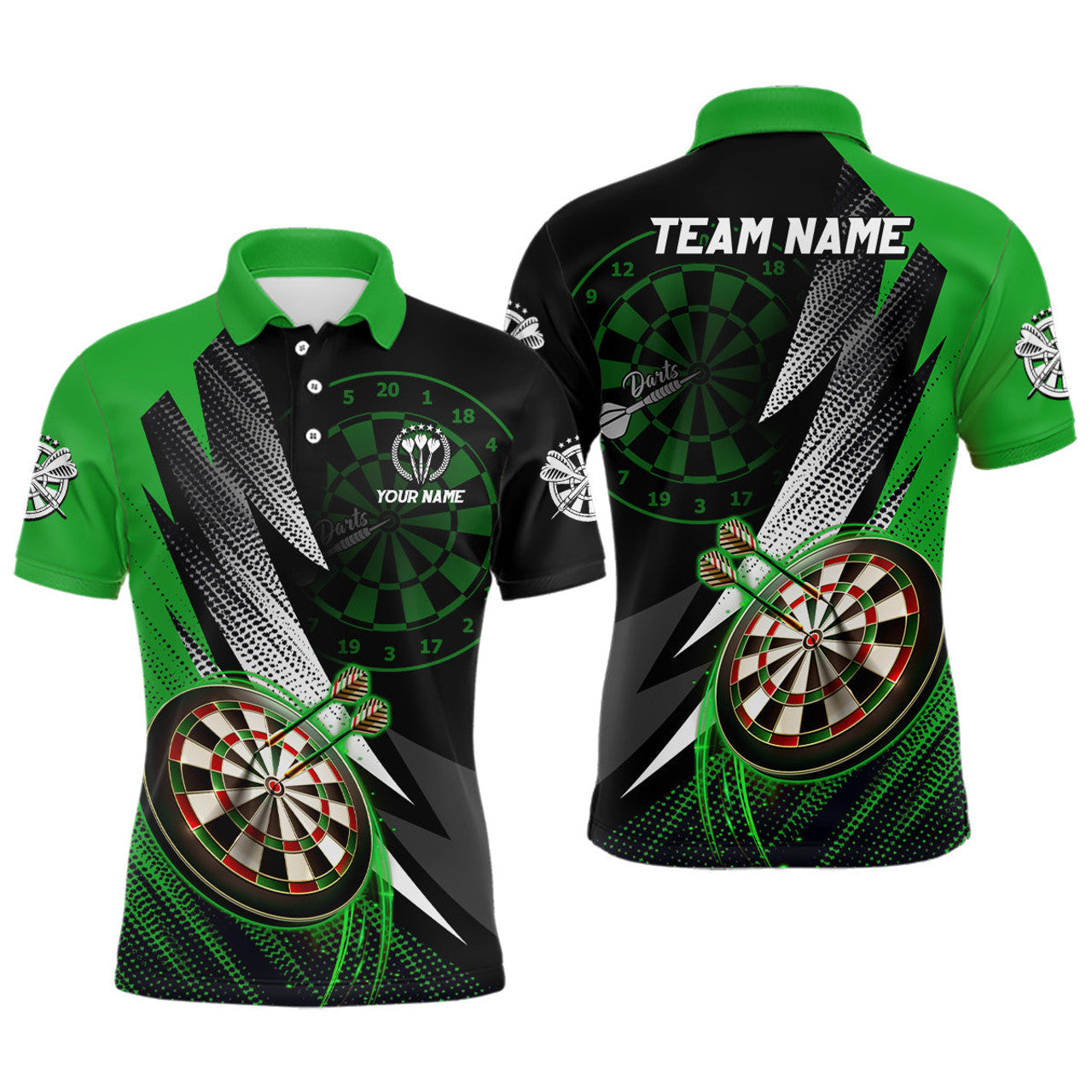 FUNSTUFFPRINT Personalized Green Black Mens Darts Polo Shirt Custom Cool Darts Shirt For Men Team Polo Shirt Size S-5XL
