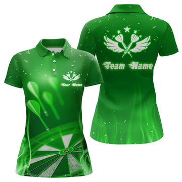 Custom Green Fire Flame Star Personalized Darts Polo Shirt Custom Cool Dart Jerseys For Women