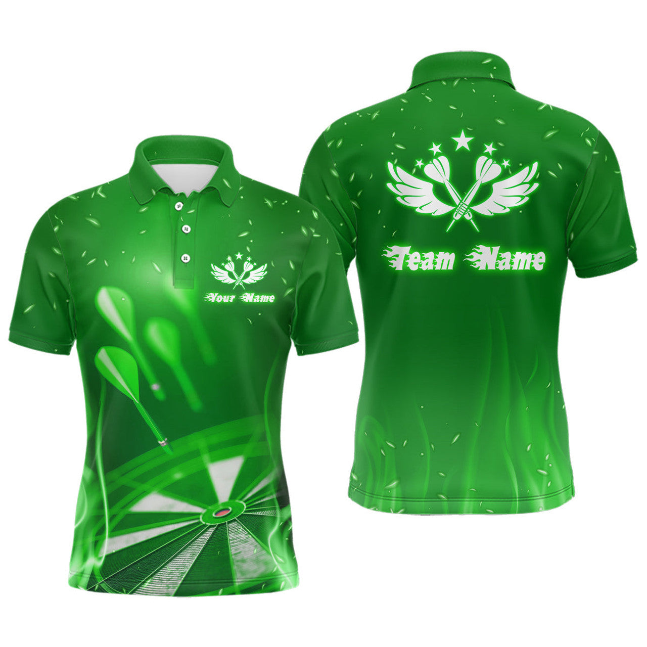 Custom Green Fire Flame Star Personalized Mens Darts Polo Shirt Custom Cool Dart Jerseys For Men