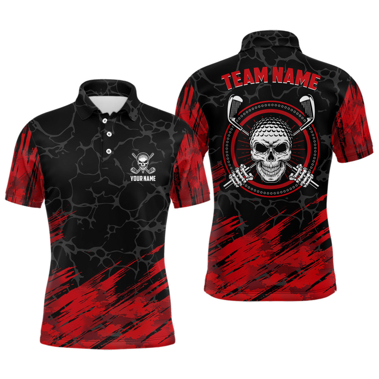 Personalized 3D All Over Print Skull Mens Golf Polo Shirt, Red And Black Golf Shirts For Men