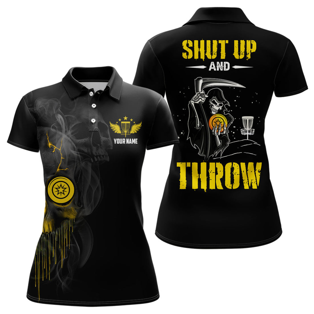 Custom Shut Up And Throw Smoky Skull Yellow Disc Golf Polo Shirts Scary Golf Gifts For Women