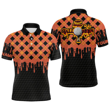Custom Happy Halloween Orange Pumpkin Mens Golf Polo Shirts Custom Skull Golf Shirts For Men Golf Gifts