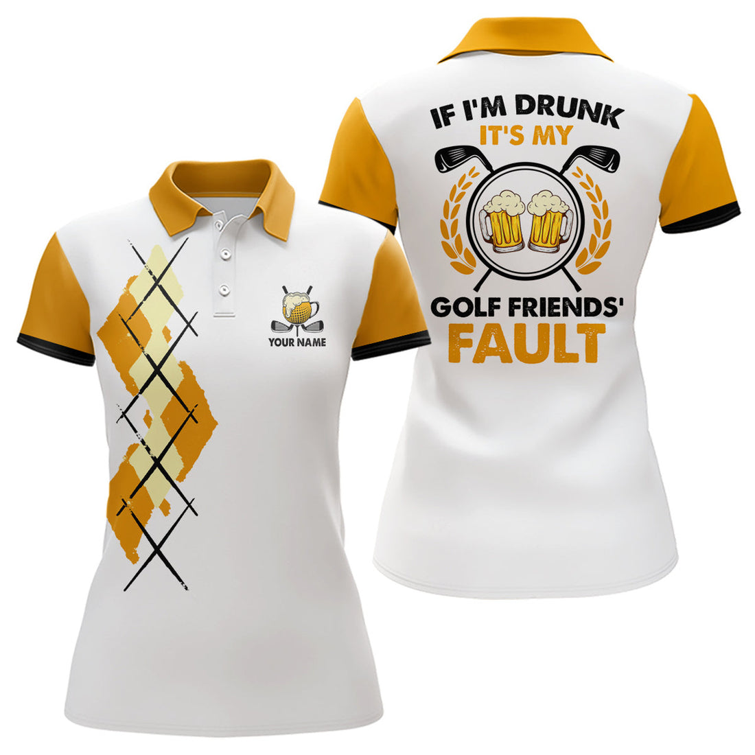 Custom Yellow Argyle Womens Golf Polo Shirt Personalized Beer Golf Tops For Women Funny Golf Shirts
