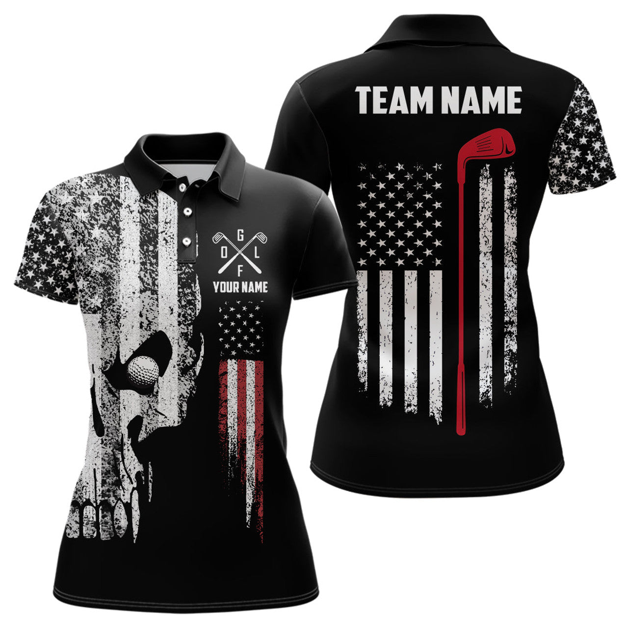Custom American Flag Skull Golf Polo Shirts Custom Patriotic Scary Golf Shirts For Women Golf Gifts