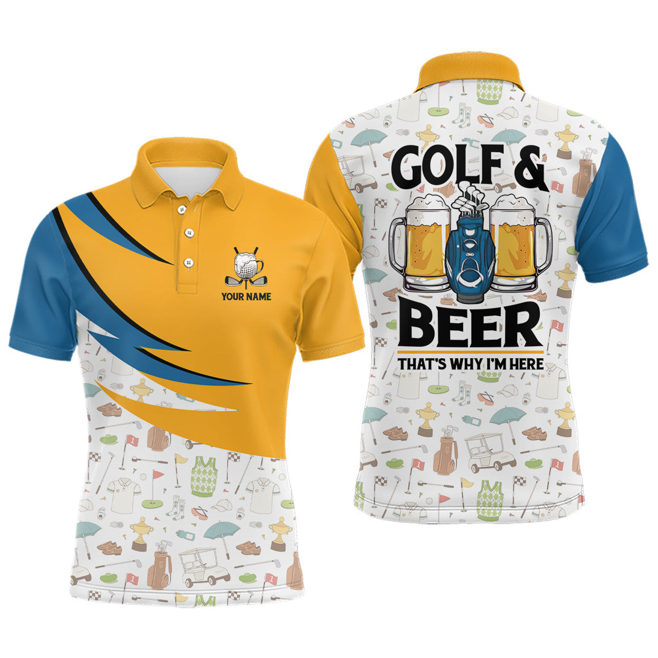 FUNSTUFFPRINT Golf & Beer That's Why I'm Here Golf Icons Seamless Mens Polo Shirts Cool Golf Shirts For Men Polo Shirt Size S-5XL