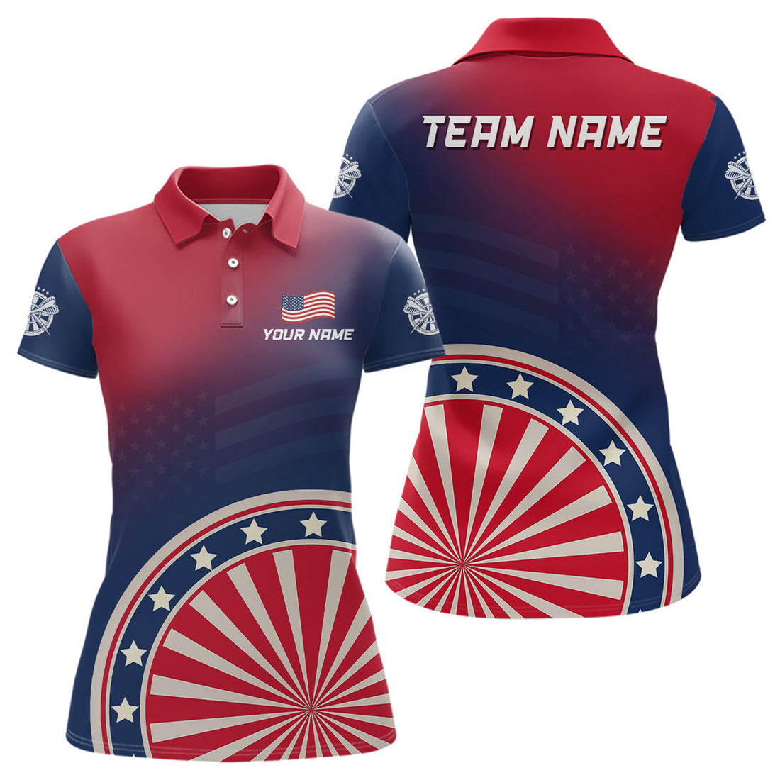 Custom Gradient American Flag Dartboard Womens Polo Shirt Custom Patriotic Dart Jerseys For Women