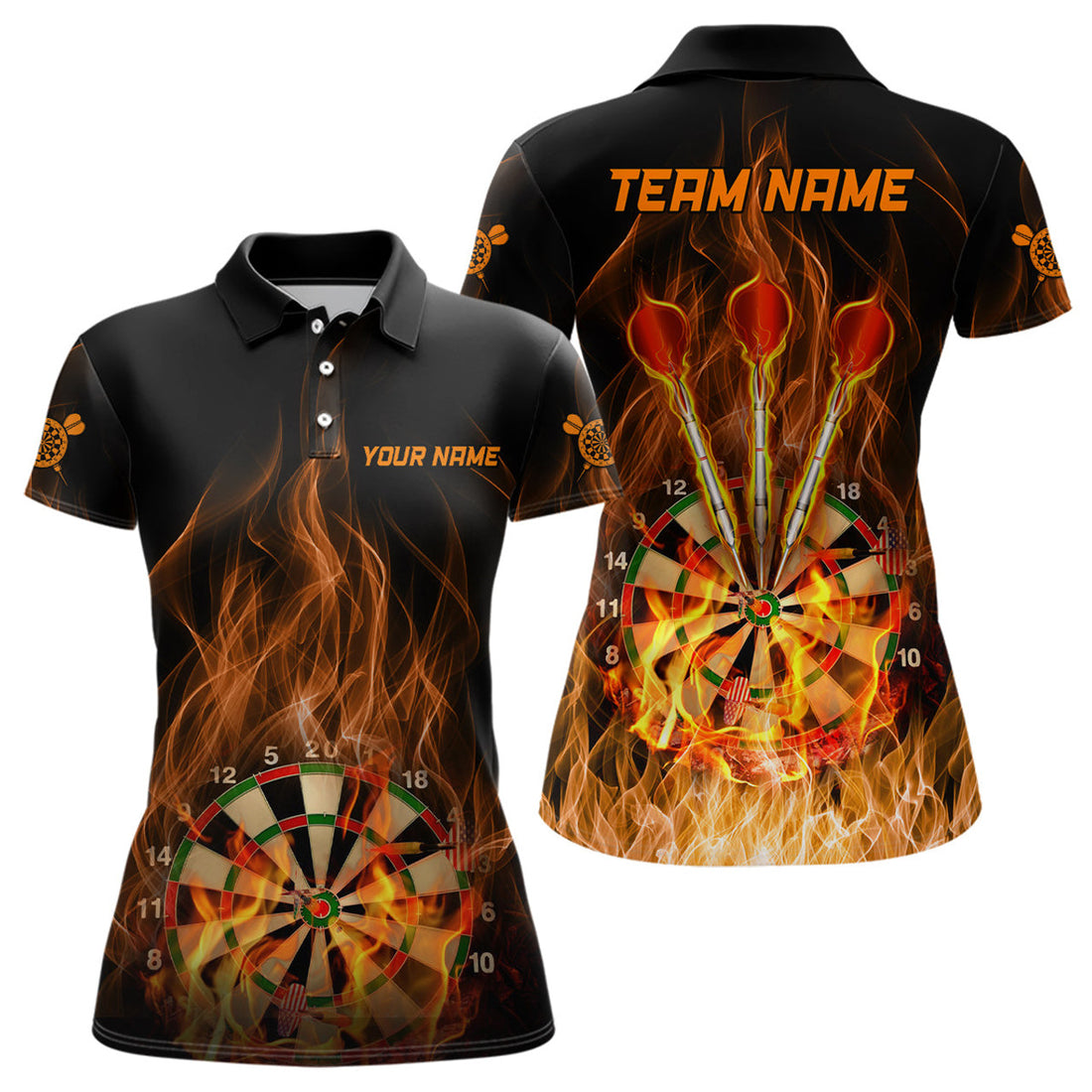 Custom Fire Flame Dartboard Womens Darts Polo Shirt Custom Dart Shirts For Women Dart Jersey