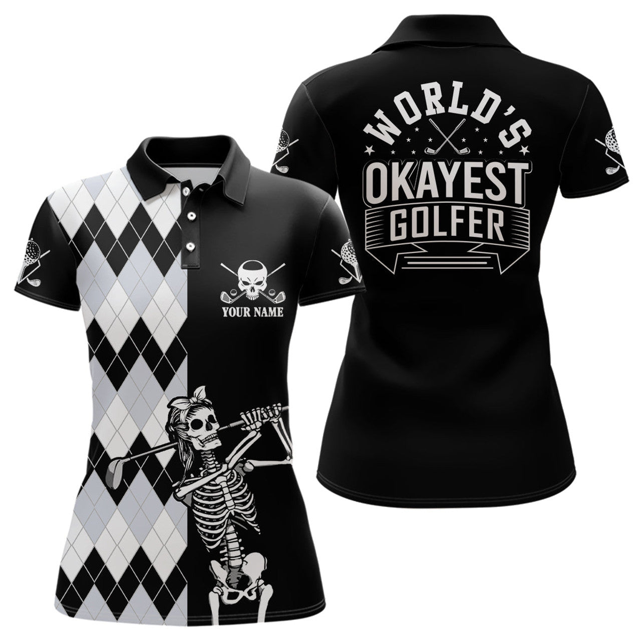 Custom Skull Funny Golf Custom Name Polo Shirt Black & White Argyle Golf Shirts For Women, Golf Gift