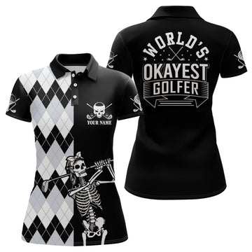Custom Skull Funny Golf Custom Name Polo Shirt Black & White Argyle Golf Shirts For Women, Golf Gift