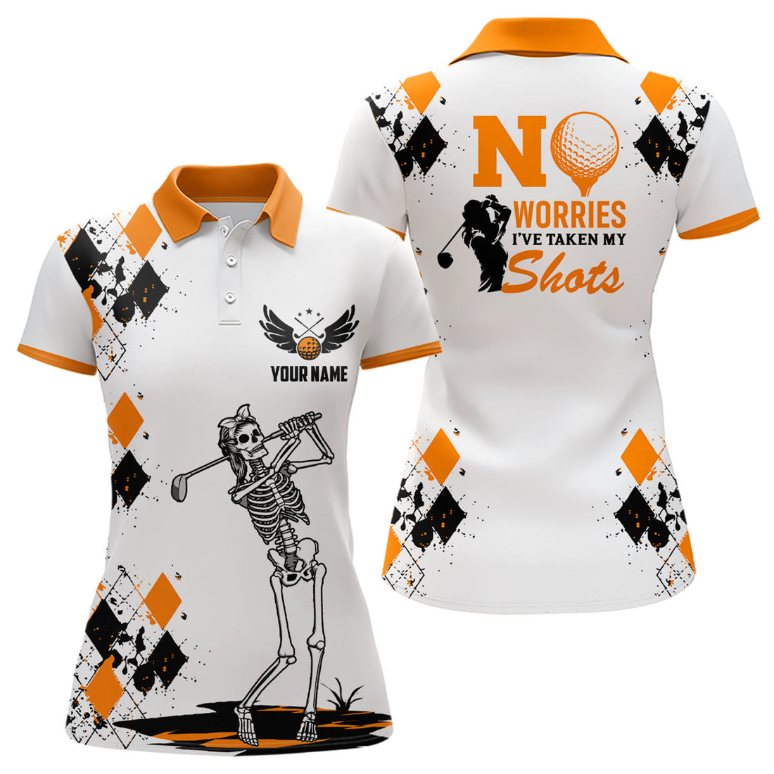 Custom Womens Skull Golf Polo Shirt Argyle Pattern Orange Golf Shirt For Ladies Halloween Golf Gifts