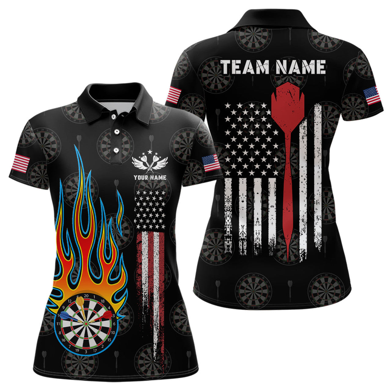 Custom Flame Darts American Flag Womens Darts Polo Shirt Custom Patriotic Dart Jerseys For Women