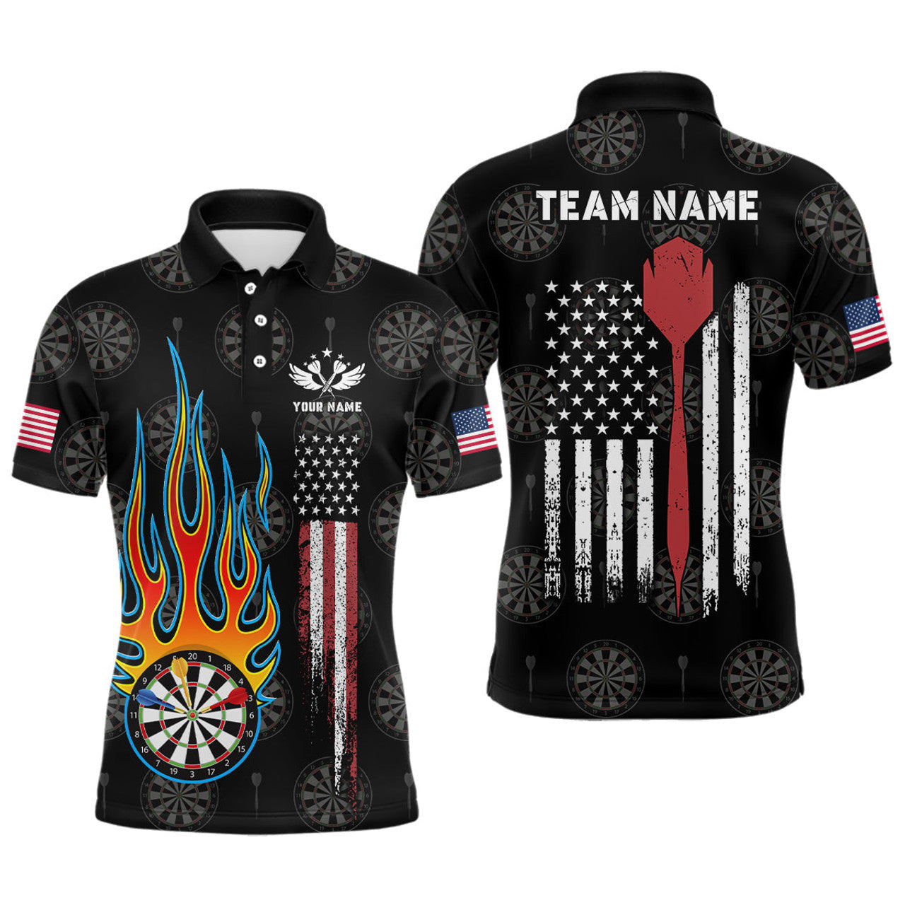 Custom Flame Darts American Flag Mens Darts Polo Shirt Custom Patriotic Dart Jerseys For Men