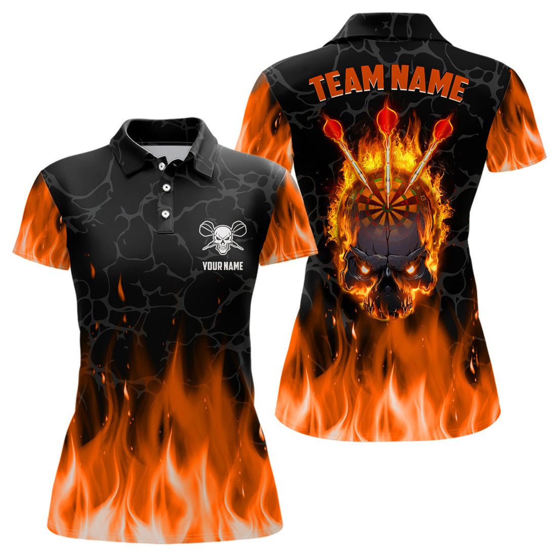 Custom Orange Flame Skull Womens Darts Polo Shirt Custom Scary Darts Shirt For Women Dart Jerseys