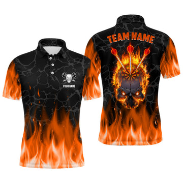 Custom Orange Flame Skull Mens Darts Polo Shirt Custom Scary Darts Shirt For Men Dart Jerseys
