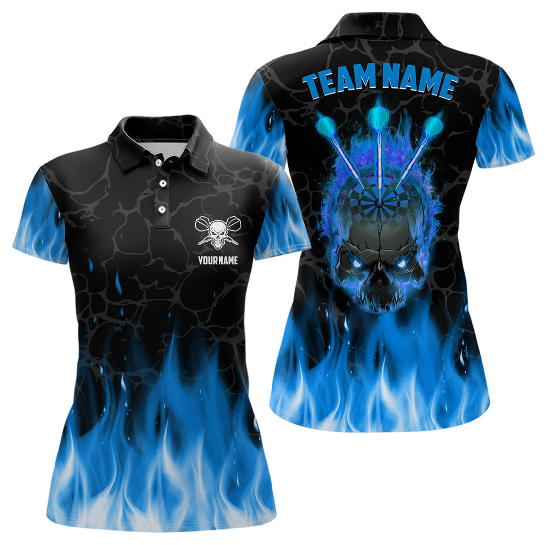 Custom Blue Flame Skull Womens Darts Polo Shirt Custom Scary Darts Shirt For Women Dart Jerseys